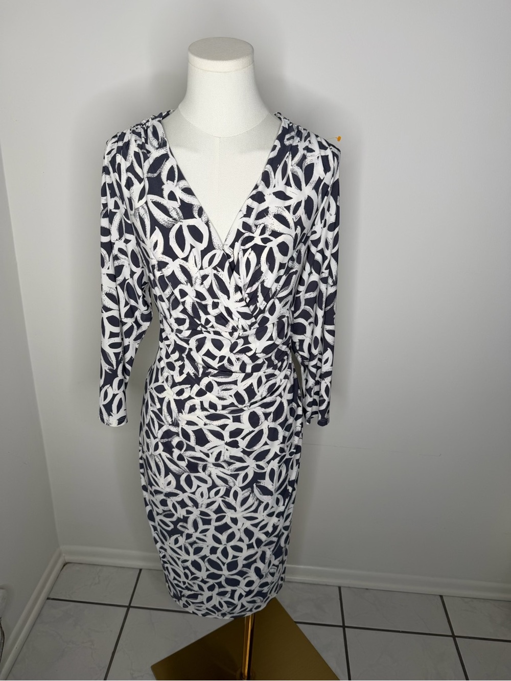 Ralph Lauren Navy and White Printed Faux-Wrap Midi Dress